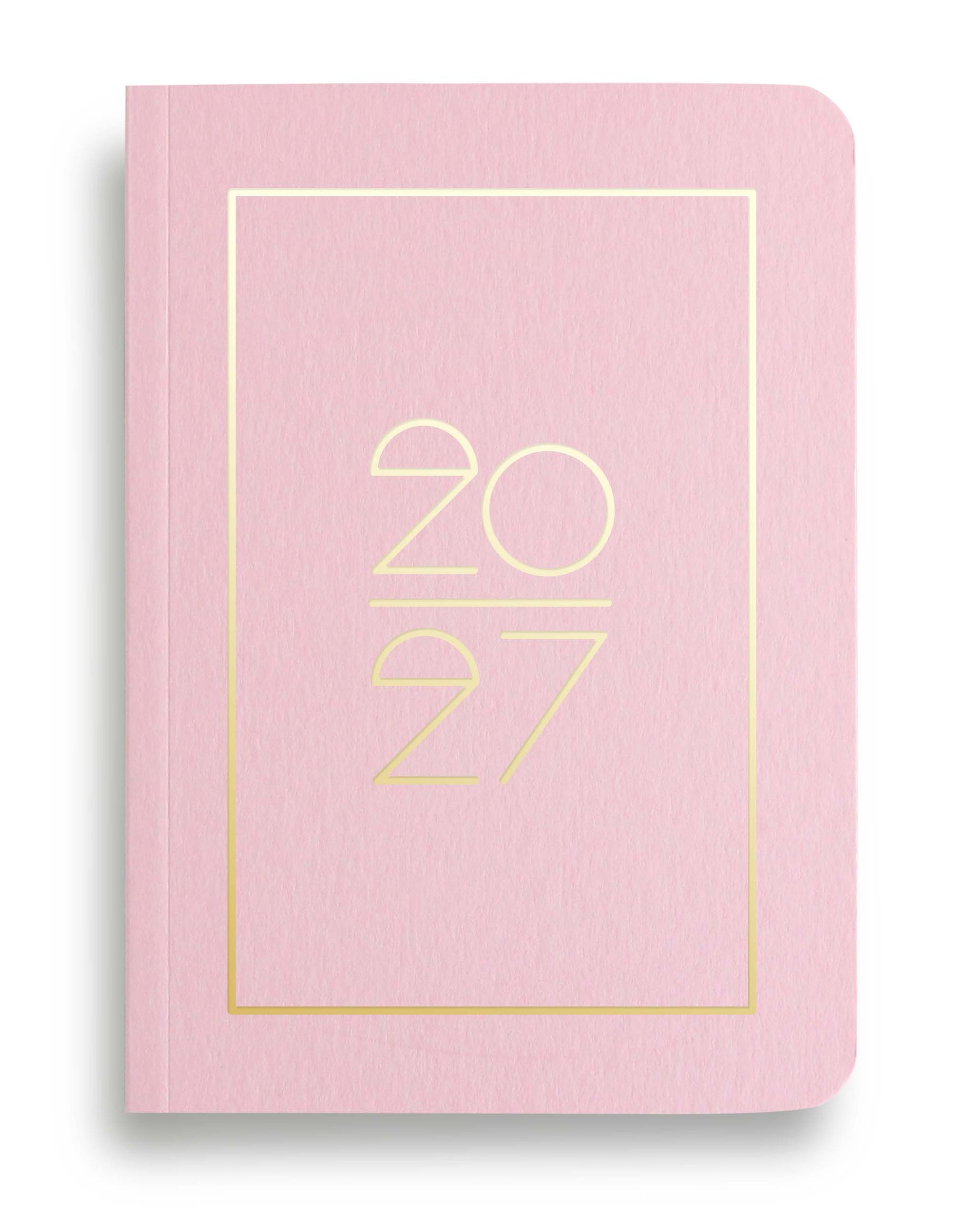 NAVUCKO Pocket Kalender 2027 in Candy Pink – Softcover Kalender mit goldenem Rahmen und typografischem 2027 Design, DIN A6