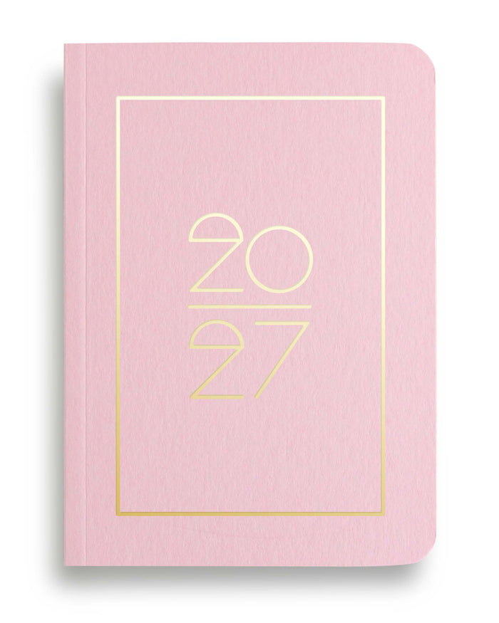 NAVUCKO Pocket Kalender 2027 in Candy Pink – Softcover Kalender mit goldenem Rahmen und typografischem 2027 Design, DIN A6