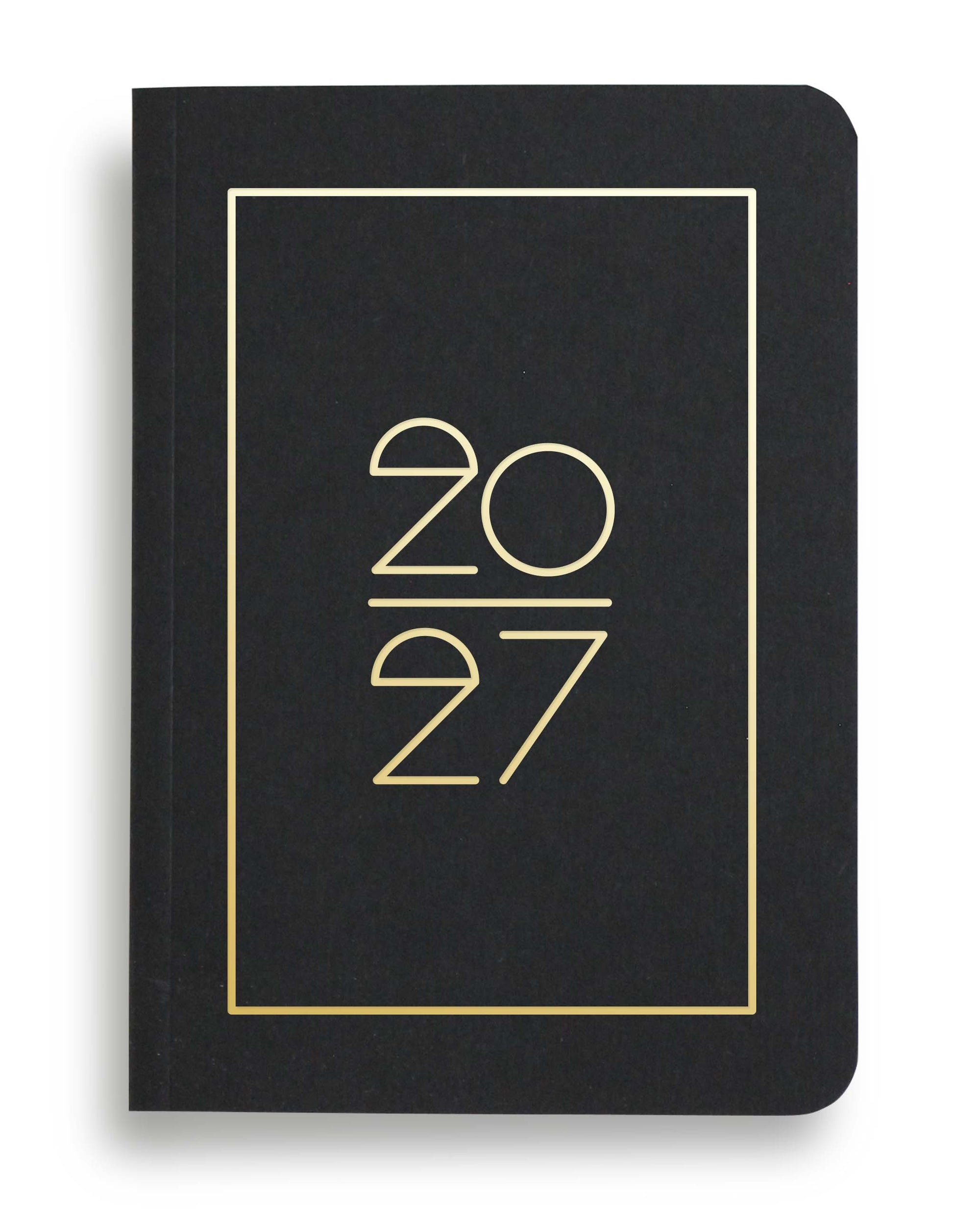 NAVUCKO Pocket Kalender 2027 in Ebony Schwarz – Softcover Kalender mit goldenem Rahmen und typografischem 2027 Design, DIN A6