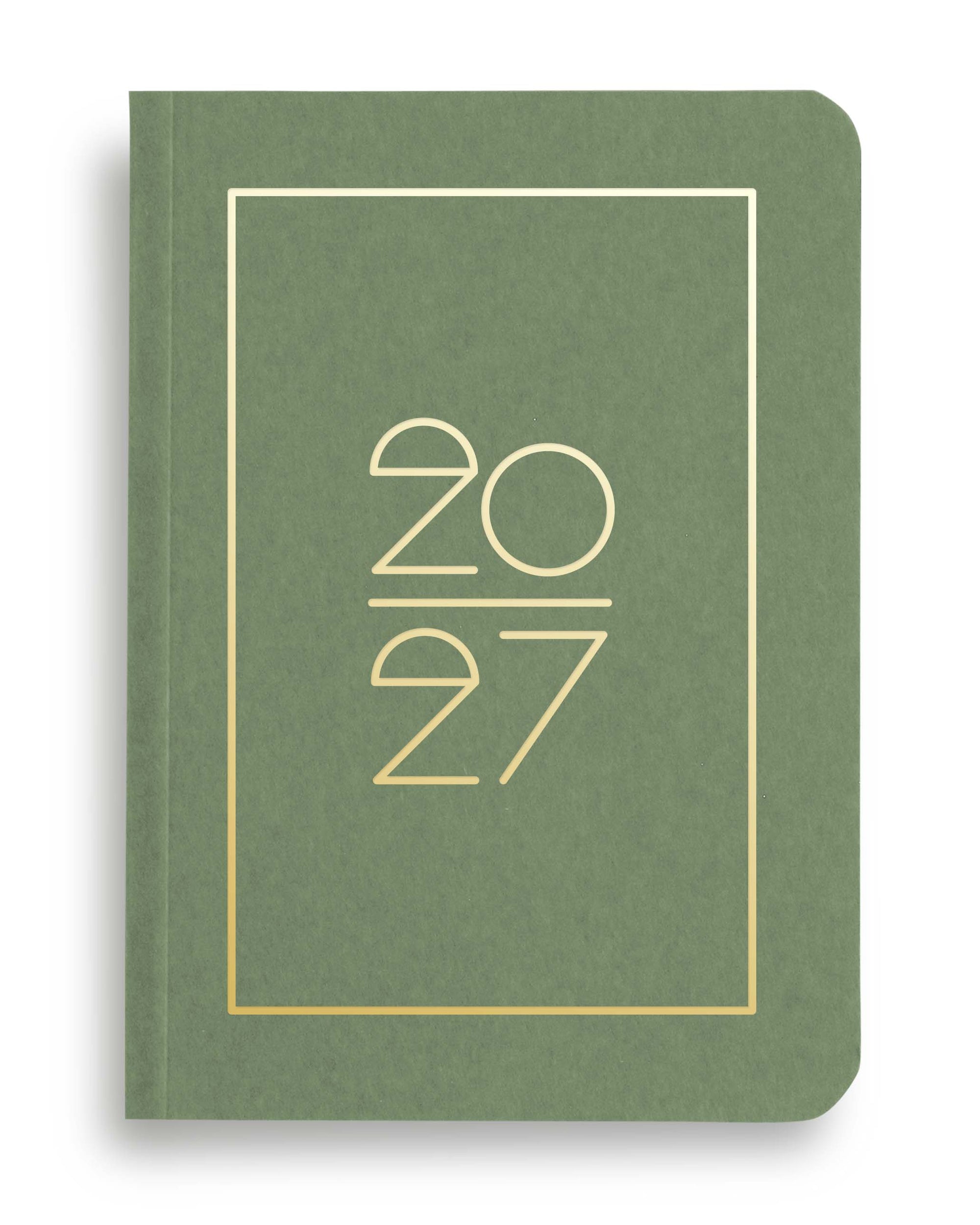 NAVUCKO Pocket Kalender 2027 in Mid Green – Softcover Kalender mit goldenem Rahmen und typografischem 2027 Design, DIN A6
