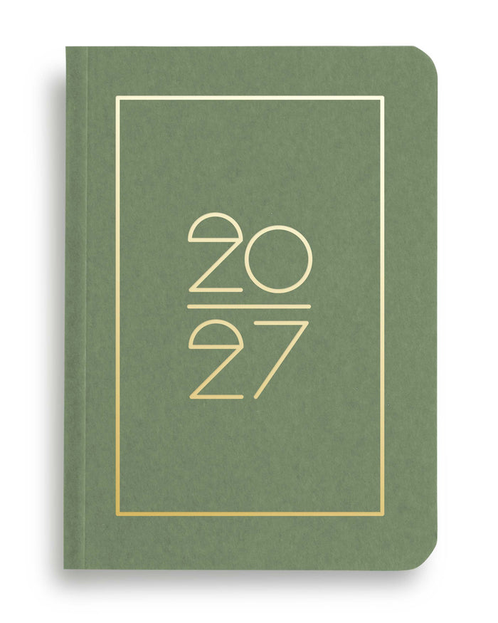 NAVUCKO Pocket Kalender 2027 in Mid Green – Softcover Kalender mit goldenem Rahmen und typografischem 2027 Design, DIN A6
